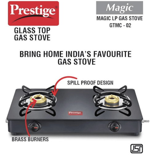 Prestige Magic plus Toughened Glass-Top 2 Brass Burner LPG Gas Stove(GTMP-02) | Black Spill Proof Design | Ergonomic Knob | Tri-Pin Burner - Image 3